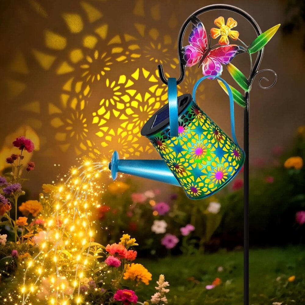Solar Lights Outdoor Decorative, Blue Metal Solar Watering Can Lights Waterproof